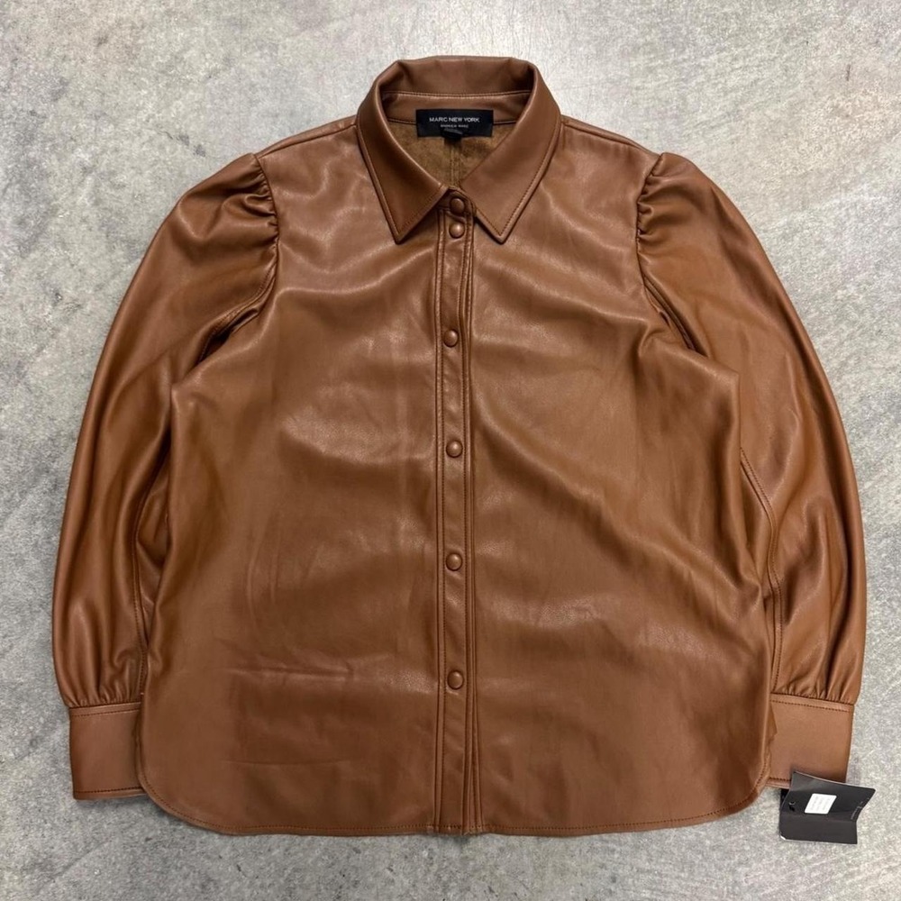 NWT Brown Faux Leather Button Up Blouse Marc New York Work Preppy Large